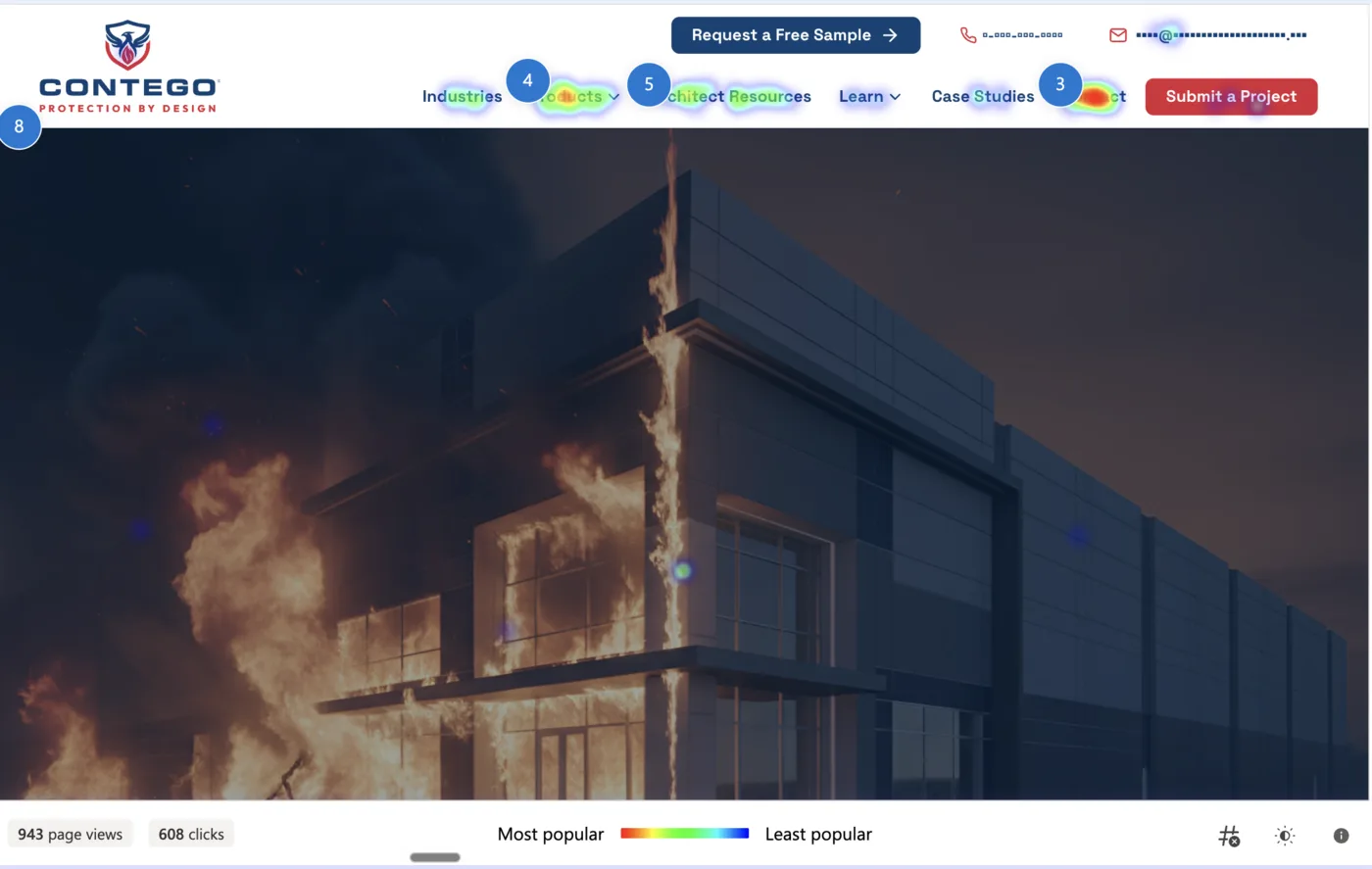 Heatmap overlay on a homepage hero showing which navigation links and elements get the most and least clicks