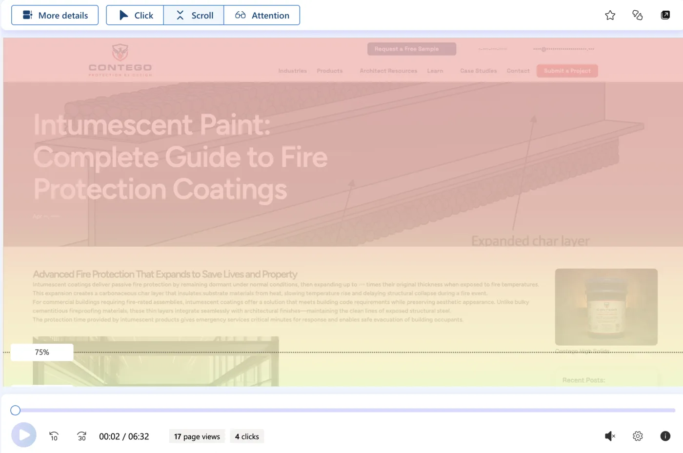 Microsoft Clarity session recording of a real visitor's screen, with click, scroll, and attention playback controls over a live page