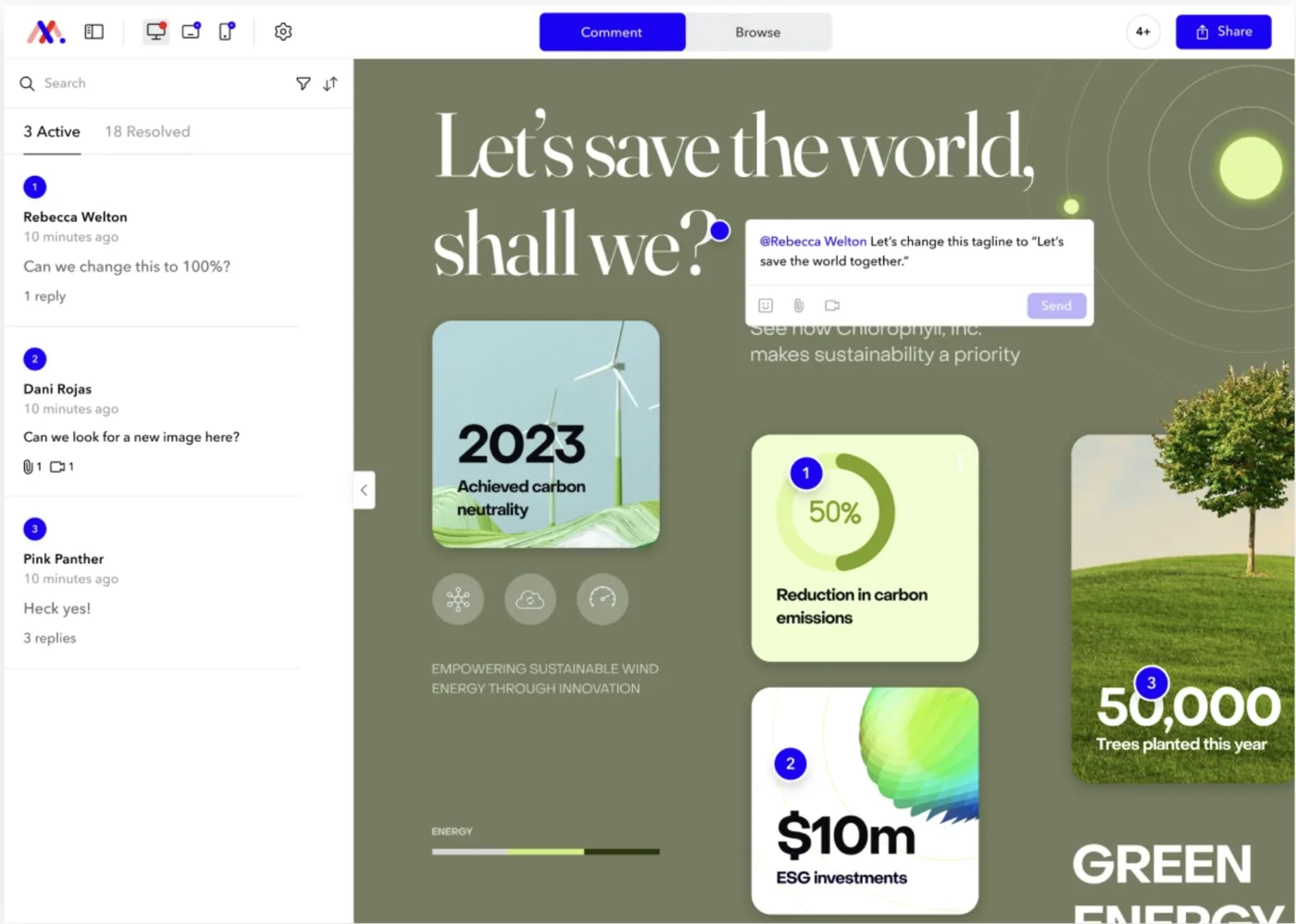 Markup review interface showing threaded comments pinned directly onto a live web page design, with requested edits and replies