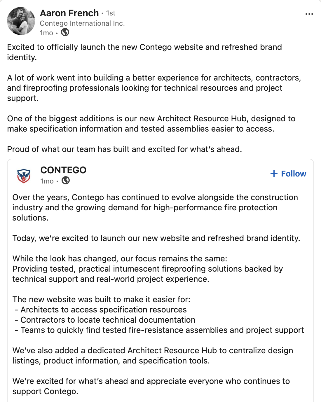 Aaron French of Contego International announcing the new website and refreshed brand identity on LinkedIn