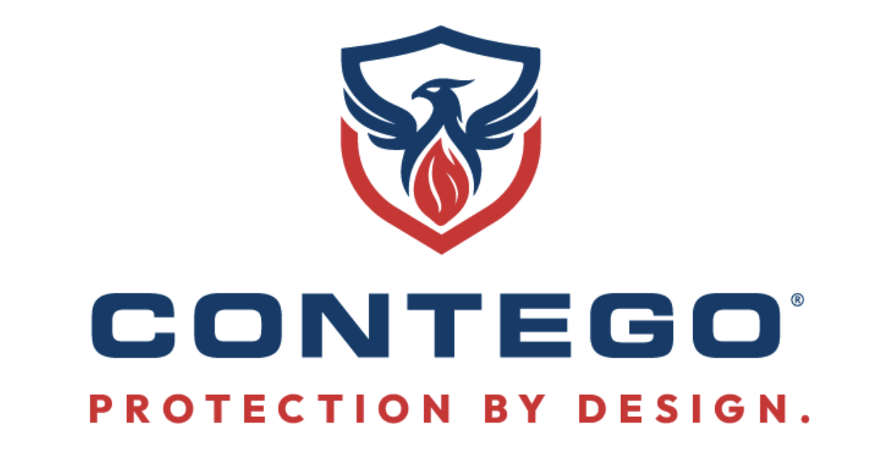 Contego's final logo — a phoenix shield with the tagline Protection by Design